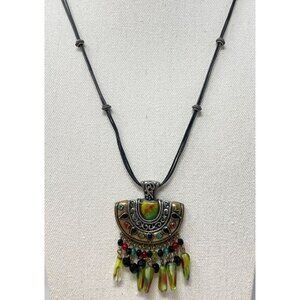 Chicos Boho Statement Necklace Beads Colorful Accents‎ Black Cord